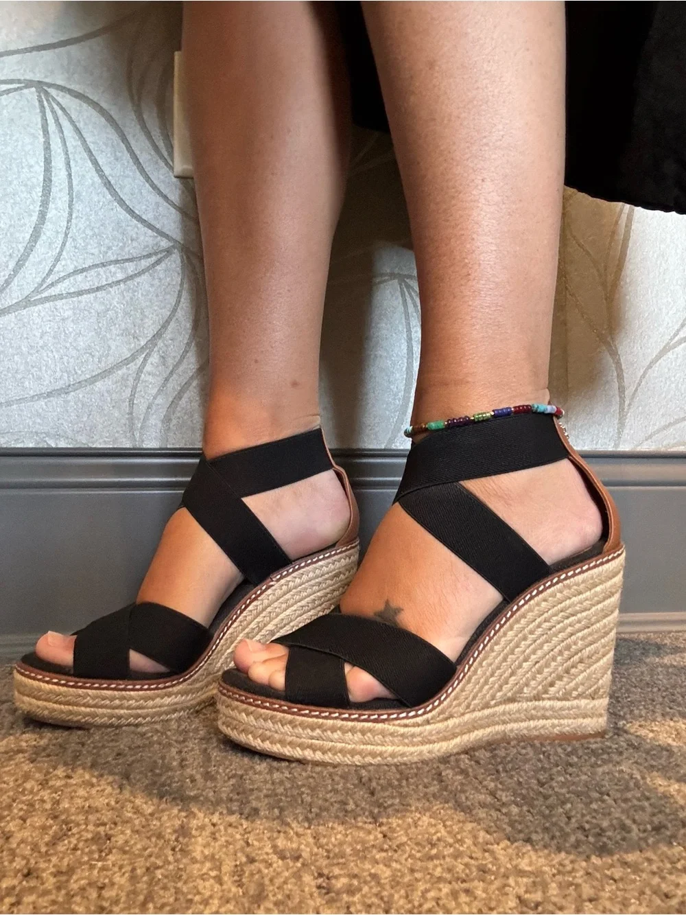 Tory Burch Black Espadrille Wedge Sandals with Elastic Straps 7